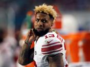 Dec 14, 2015; Miami Gardens, FL, USA; New York Giants wide receiver Odell Beckham Jr (13) is seen in his bench area in the fourth quarter at Sun Life Stadium where the Giants defeated the dolphins 31-24. Mandatory Credit: Andrew Innerarity-USA TODAY Sports