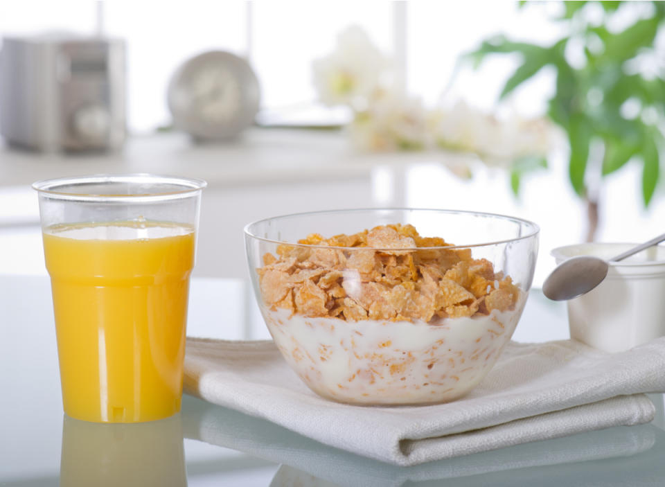 cereal, orange juice, yogurt