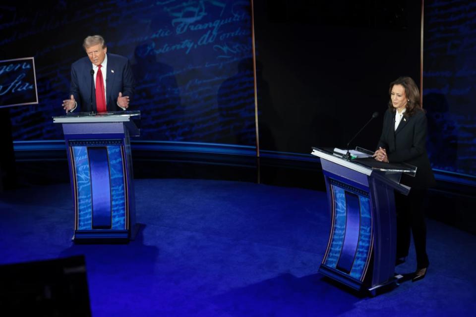 Donald Trump (left) and Kamala Harris debate at the National Constitution Center in Philadelphia, Pennsylvania on September 10, 2024.