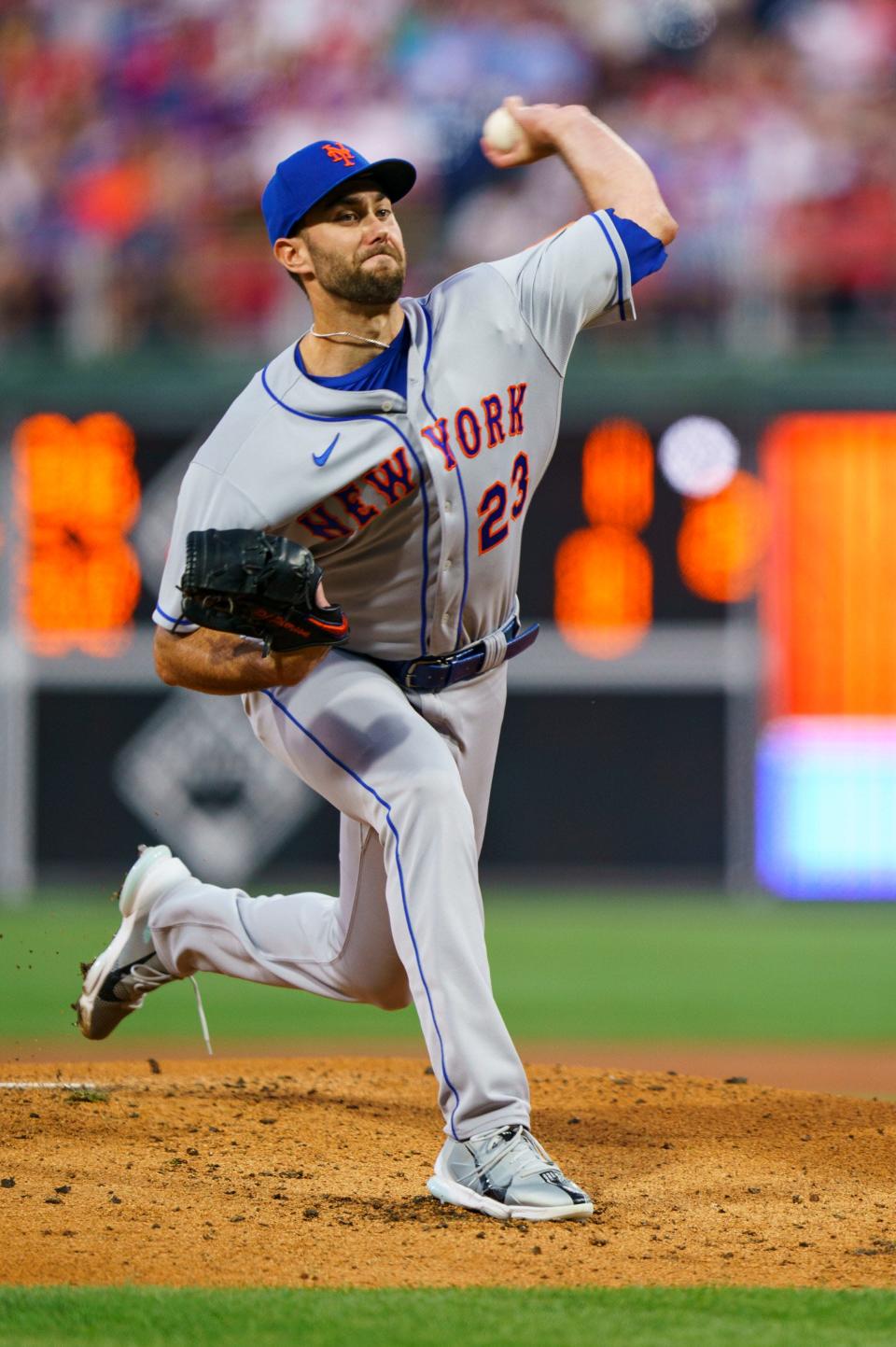 New York Mets starting pitcher David Peterson throws during the first inning of the second baseball game of a doubleheader against the Philadelphia Phillies, Saturday, Aug.  20, 2022, in Philadelphia.
