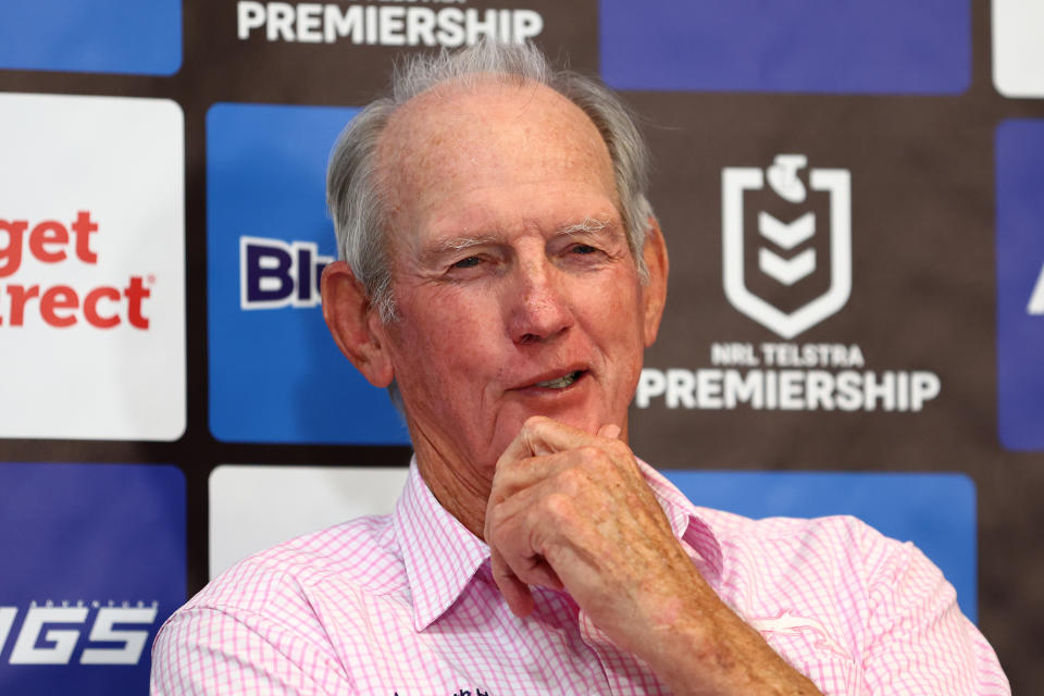 GOLD COAST, AUSTRALIA - MARCH 30: Wayne Bennett head coach of the Dolphins speaks to the media during the round four NRL match between Gold Coast Titans and Dolphins at Cbus Super Stadium, on March 30, 2024, in Gold Coast, Australia. (Photo by Chris Hyde/Getty Images)