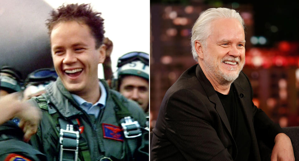 Tim Robbins in Top Gun (LR) and on Jimmy Kimmel Live in 2020 (Paramount/ABC via Getty Images)