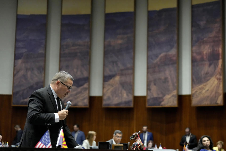 Arizona State Rep. Lupe Contreras, D, speaks at the Capitol, Tuesday, June 4, 2024, in Phoenix. (AP Photo/Matt York)