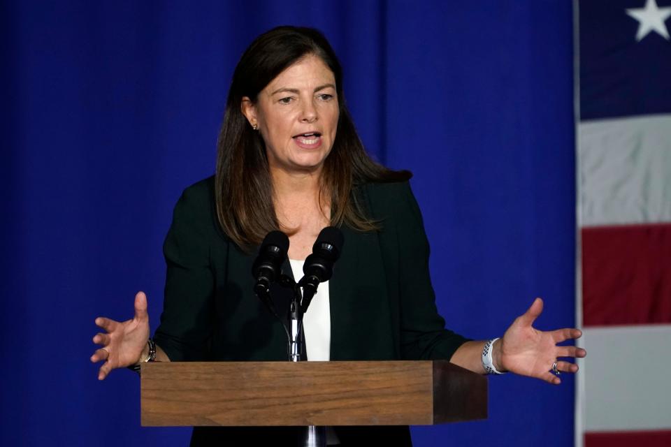 Former Republican Sen. Kelly Ayotte of New Hampshire speaks at a campaign rally, Tuesday, Sept. 22, 2020, at Laconia Municipal Airport in Gilford. She announced she is running for governor in 2024.