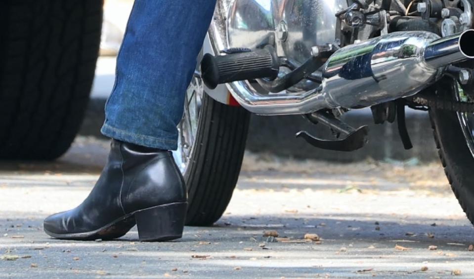 A closer look at the chelsea boots worn by Timothee Chalamet on the set of "A Complete Unknown" in Hoboken, New Jersey