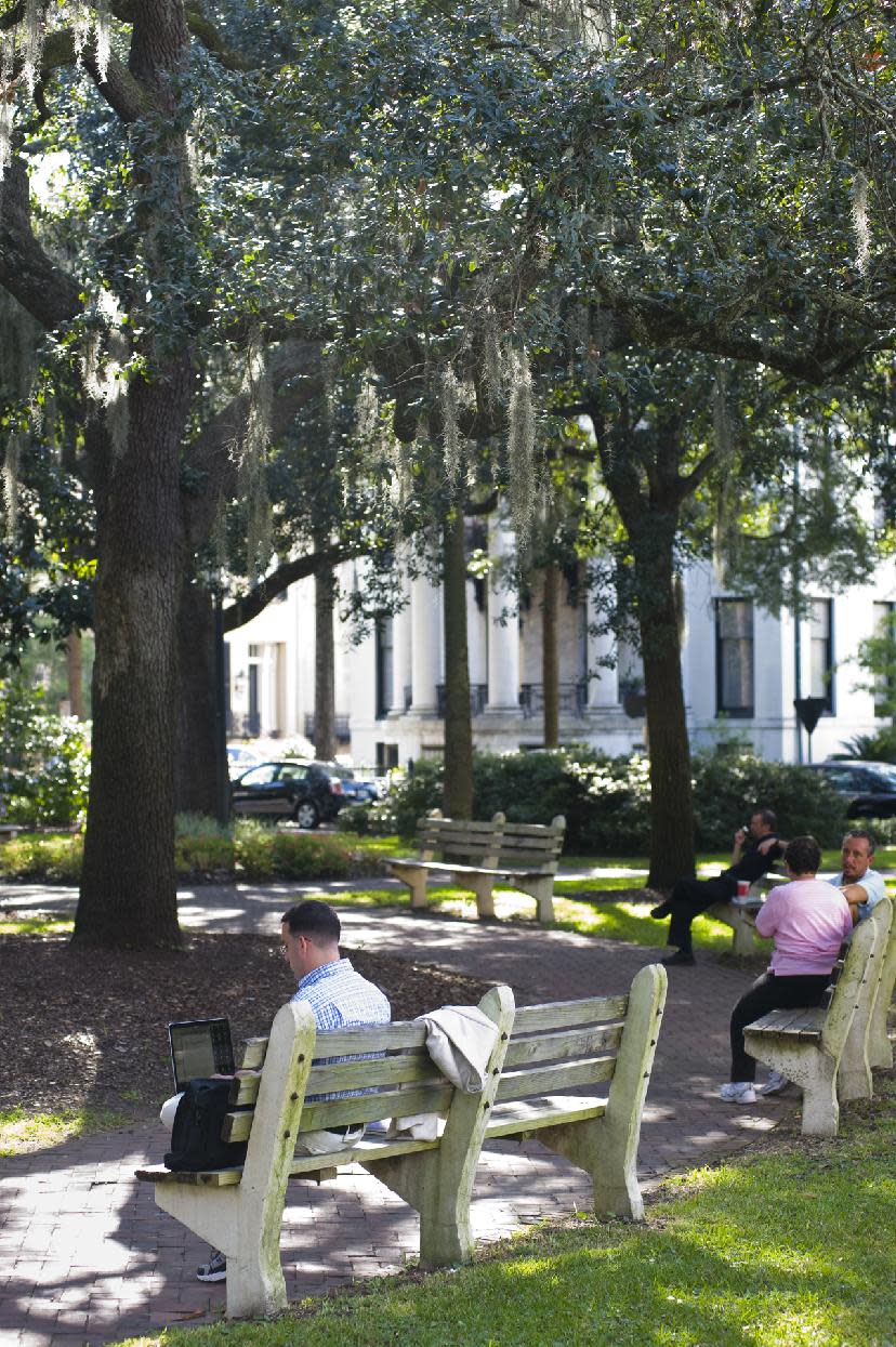 FILE - This undated file photo from the Savannah Convention and Visitors Bureau shows Chippewa Square, which was featured in the 1994 movie "Forrest Gump." (AP Photo/Savannah Convention and Visitors Bureau, Erica Backus)