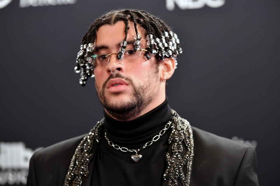 Bad Bunny poses backstage at the 2020 Billboard Music Awards, broadcast on October 14, 2020 at the Dolby Theatre in Los Angeles, CA.