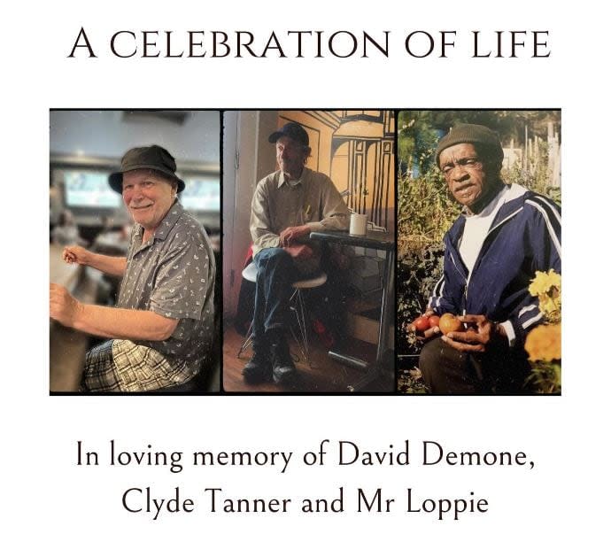 A poster for Alterego Cafe's celebration of life for David Demone (left), Clyde Tanner (centre) and Mr. Loppie (right).