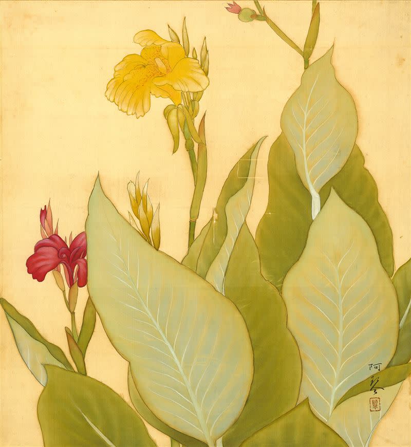 ▲林阿琴才17歲，1932年入選「台灣美術展覽會」台展的畫作「花-美人蕉」。（圖／尊彩藝術中心提供） 