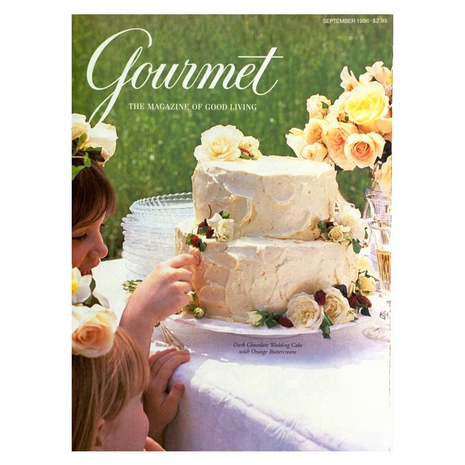 Dark chocolate wedding cake with orange buttercream frosting for Gourmet magazine’s September 1996 cover