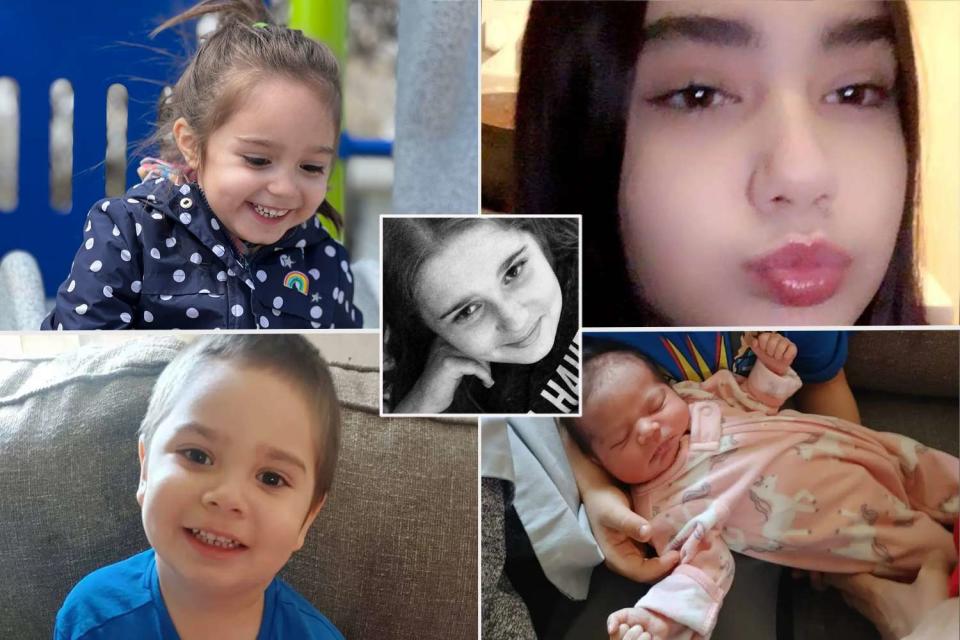 <p>GoFundMe; Facebook</p> Clockwise from top left: Bethany, Myah Gratton, Isabella, Jayven, center: Amanda Clearwater