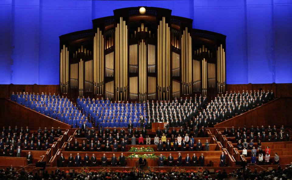 The Tabernacle Choir at Temple Square performs during The Church of Jesus Christ of Latter-day Saints conference Saturday, April 6, 2019, in Salt Lake City. Church members are preparing for more changes as they gather in Utah for a twice-yearly conference to hear from the faith's top leaders. (AP Photo/Rick Bowmer)