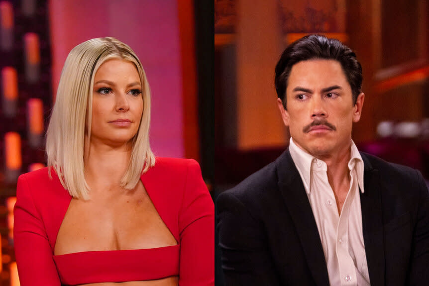 Split image of Ariana Madix and Tom Sandoval at the Season 10 Vanderpump Rules reunion.