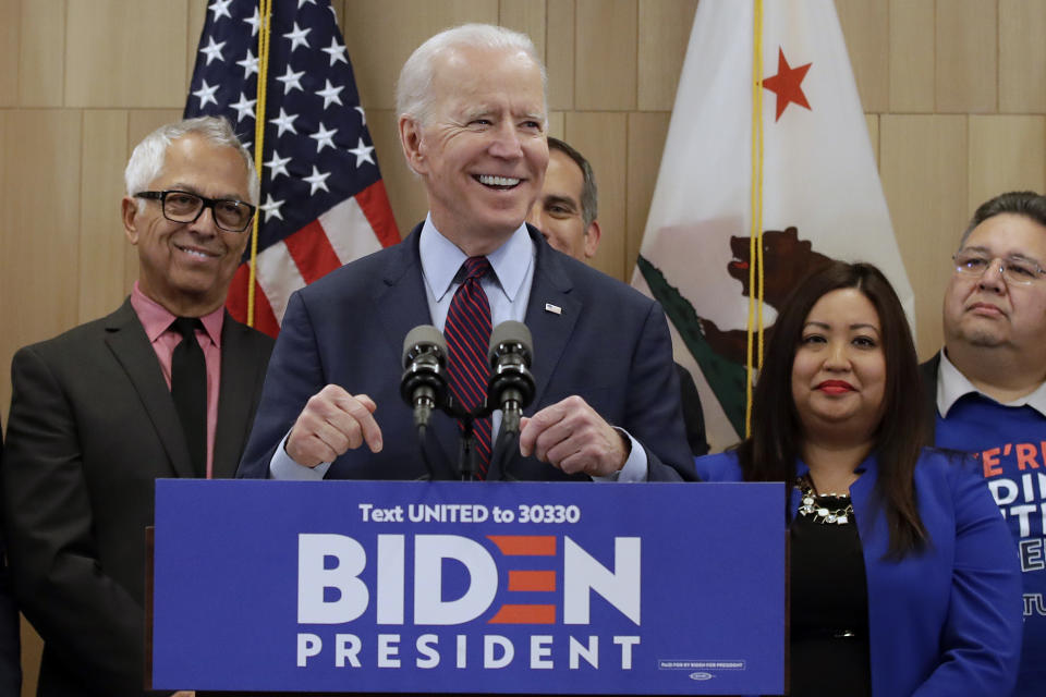 Democratic presidential candidate former Vice President Joe Biden speaks Wednesday, March 4, 2020, in Los Angeles. (AP Photo/Marcio Jose Sanchez)