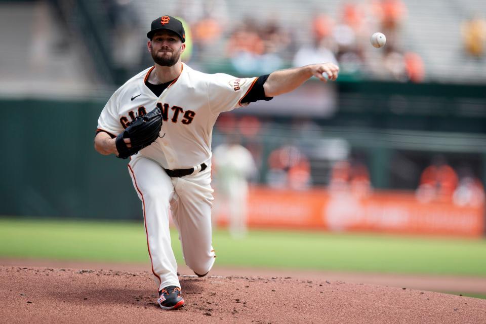 Giants starting pitcher Alex Wood (57) delivers against the Tigers during the first inning Wednesday, June 29, 2022, in San Francisco.