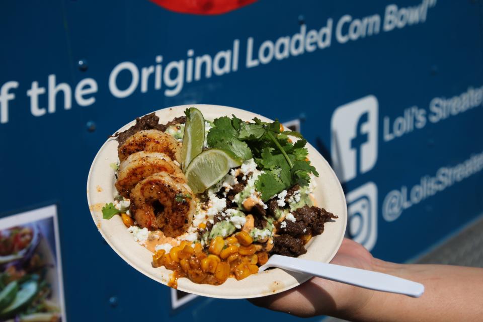 A loaded corn bowl from local food truck Loli's Streatery at the inaugural Shoreline Food Truck Festival Saturday, Feb. 25, 2023.