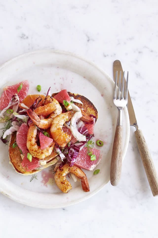 Grapefruit, Shrimp, and Radicchio Tartines