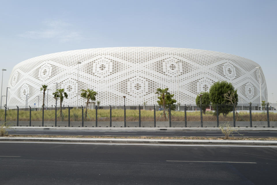 DOHA, QATAR - OCTOBER 05: An general view of the Al Thumama Stadium, a host venue for the Qatar 2022 FIFA World Cup. The architectural design, by the Chief Architect of Arab Engineering Bureau Ibrahim Jaidah takes its inspiration from the traditional taqiyah hat, a traditional cap which is worn by men and boys across the Middle East. on October 5, 2021 in Doha, Qatar.