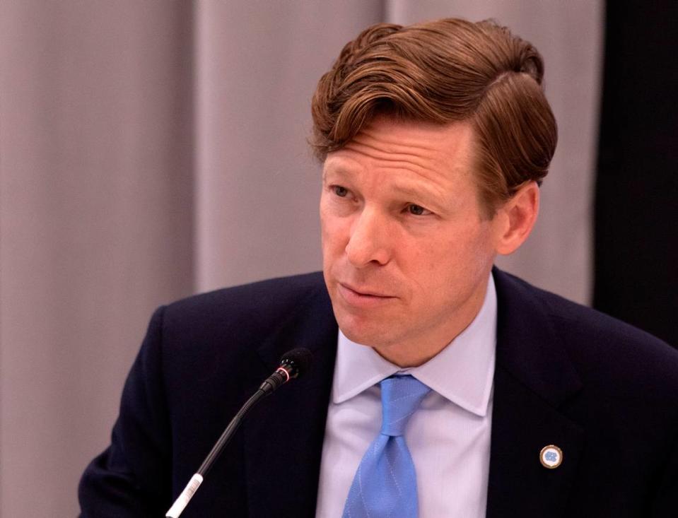 UNC-Chapel Hill Interim Chancellor Lee Roberts addresses the board of trustees during a meeting in Chapel Hill, N.C. on Thursday, May 16, 2024.