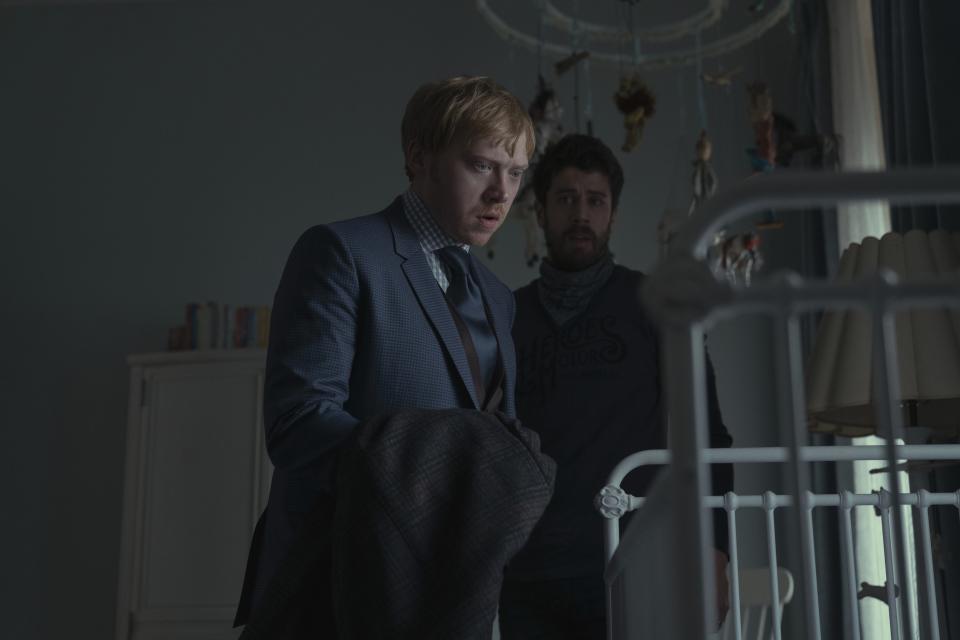 Rupert Grint, left, and Toby Kebbell play brothers in law in "Servant," the first three episodes of which stream on Apple TV+ Thursday.