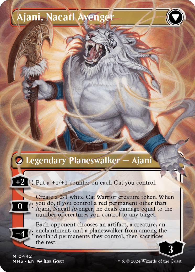 Ajani Nacatl Pariah legendary planeswalker from MTG Modern Horizons 3. Two musclebound anthropomorphic lions appear in the card art.