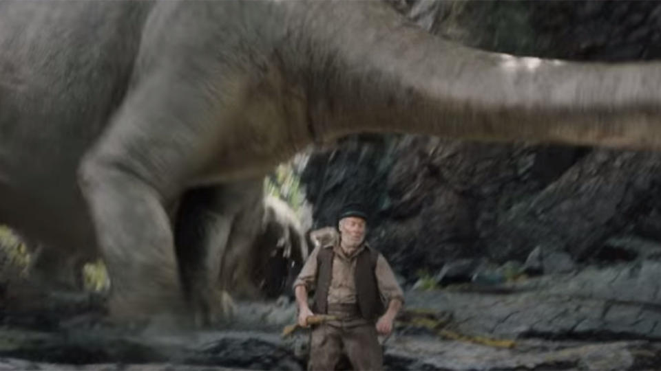 <p>This early sequence of stampeding brontosauruses feels completely unfinished and the dinos themselves carry no weight - they step right over the actors as if they’re not even there (and, to be fair, the cast behave like they’re taking shelter from some mild drizzle, not a prehistoric dino-storm). </p>