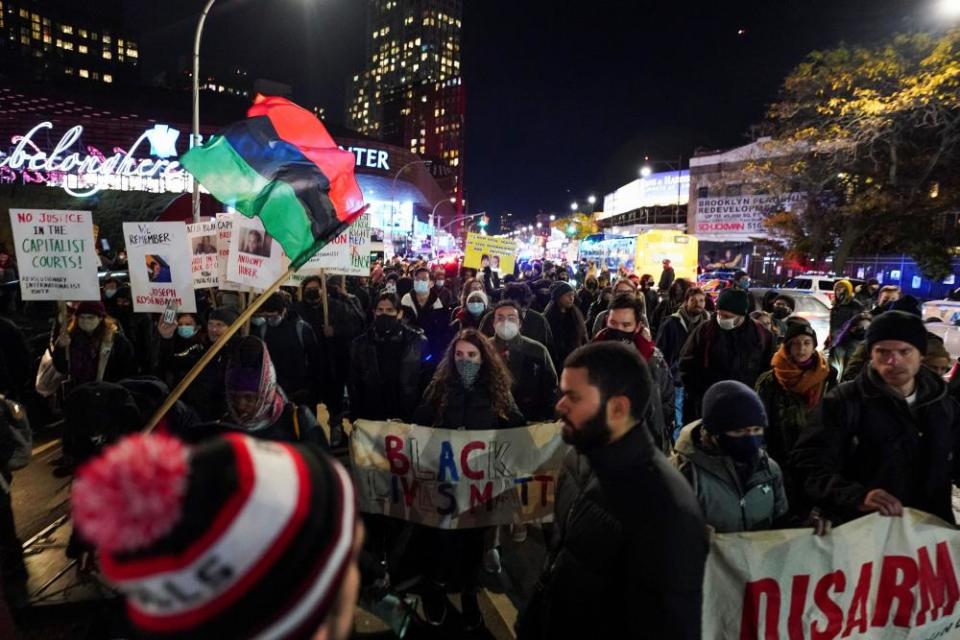 People protest against the Kyle Rittenhouse verdict in New York.