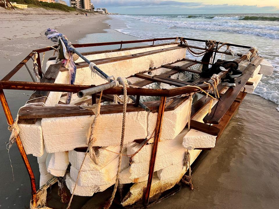 Crafted of white foam blocks with a rusty metal frame, the unoccupied makeshift watercraft floated ashore near the Sea Villa condominiums.