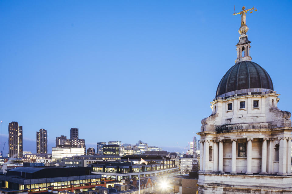 View of the main tower of Old Bailey the Central Criminal Court of England and Wales, and London skyline.