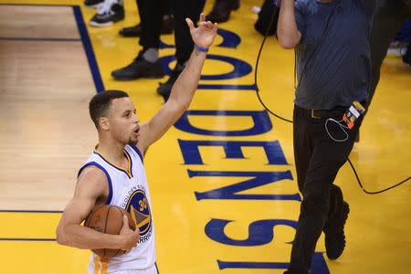 May 11, 2016; Oakland, CA, USA; Golden State Warriors guard Stephen Curry (30) celebrates during the fourth quarter in game five of the second round of the NBA Playoffs against the Portland Trail Blazers at Oracle Arena. Mandatory Credit: Kyle Terada-USA TODAY Sports