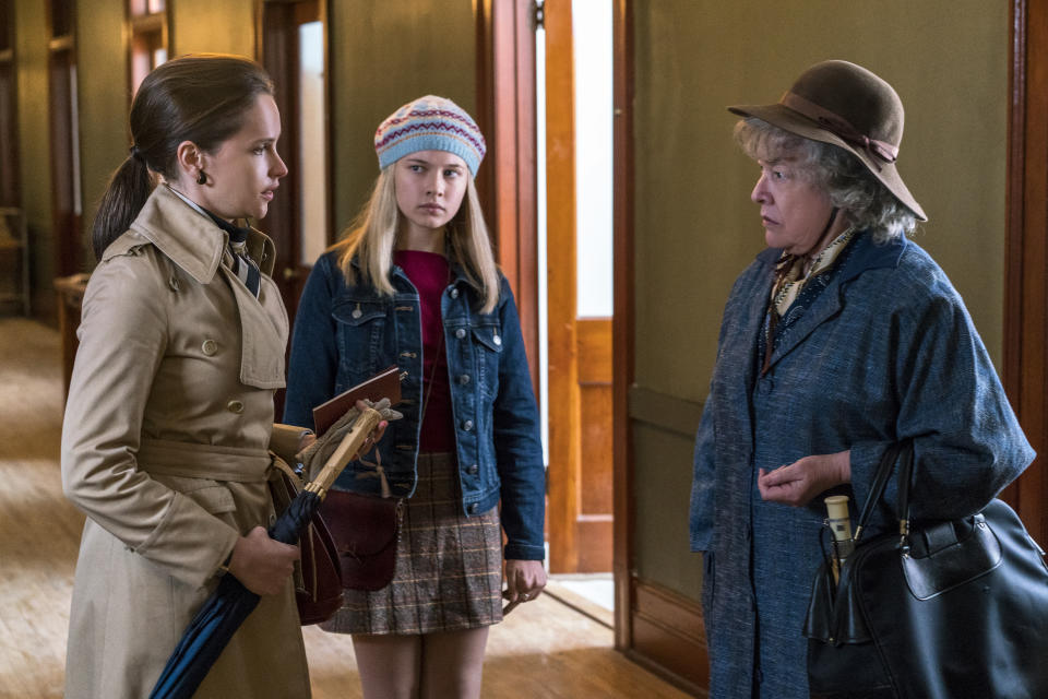 In this image released by Focus Features, Felicity Jones portrays Ruth Bader Ginsburg, from left, Cailee Spaeny portrays Jane Ginsburg and Kathy Bates portrays Dorothy Kenyon in a scene from "On the Basis of Sex." (Jonathan Wenk/Focus Features via AP)