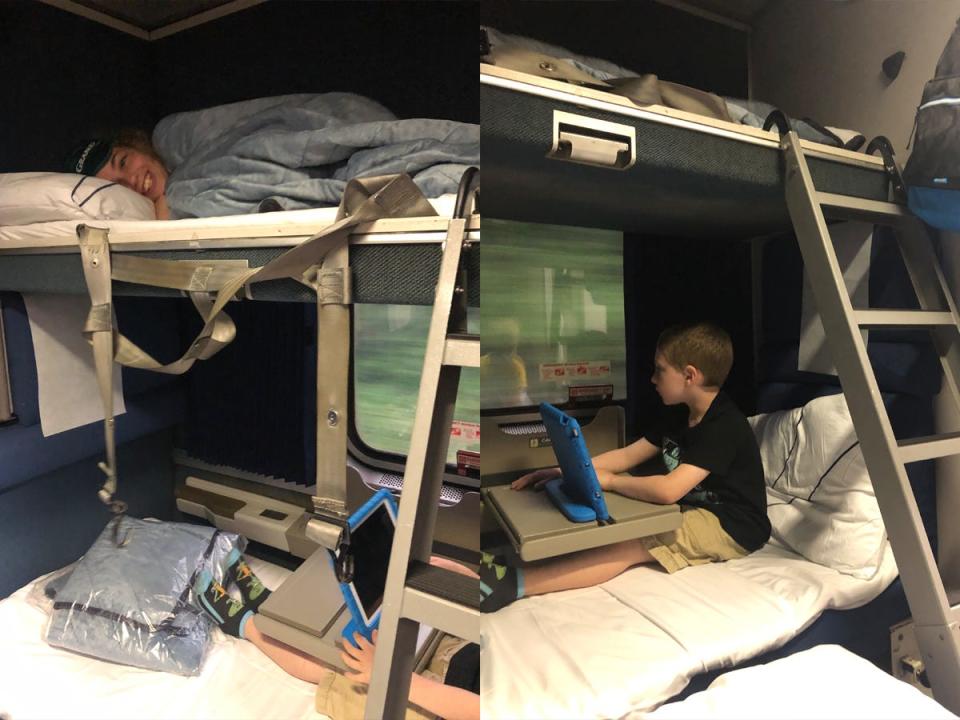 kid curled up in blanket on top bunk in amtrak train next to image of boy sitting on ipad on botton bunk, view of ladder next to him