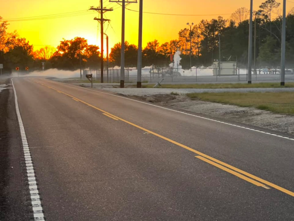 Water vapor drifts over a road during a carbon dioxide leak from a CO2 pipeline near Sulphur in southwest Louisiana on April 3, 2024. (Photo courtesy of the Ward 6 Fire Protection District)