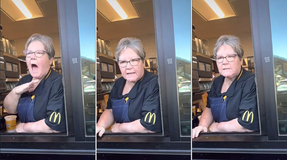 Female McDonald's employee in drive-thru window
