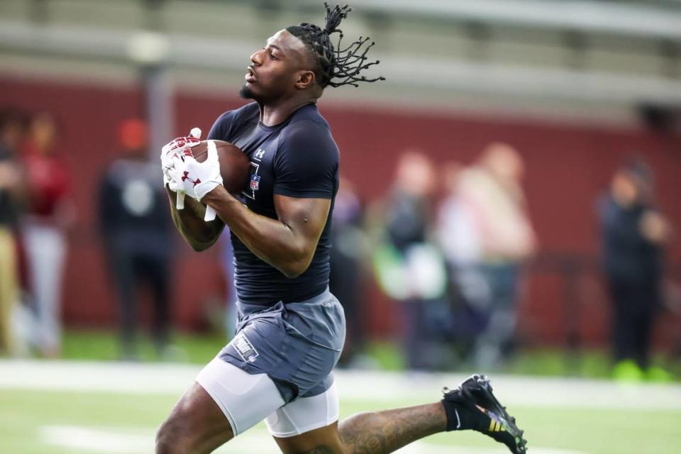 South Carolina Gamecocks wide receiver Xavier Legette (17) makes a reception during USC’s Pro Day March 12, 2024.