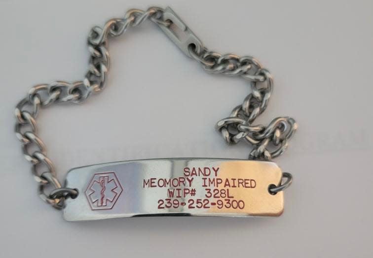 A "wanderers' identification bracelet" through the Alzheimer's Support Network and the Collier County Sheriff's Office. The device contains information to help locate and identify people with dementia who are prone to wandering.