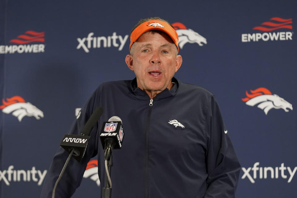 Denver Broncos head coach Sean Payton responds to a reporter's question after his first win as the Broncos' coach in the team's 31-28 come back win over the Chicago Bears after an NFL football game Sunday, Oct. 1, 2023, in Chicago. (AP Photo/Erin Hooley)