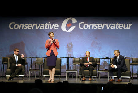 Conservative Party Leadership candidate Kellie Leitch, addresses crowd at the Conservative Party of Canada's final televised debate in Toronto, Ontario, April 26, 2017. REUTERS/Fred Thornhill