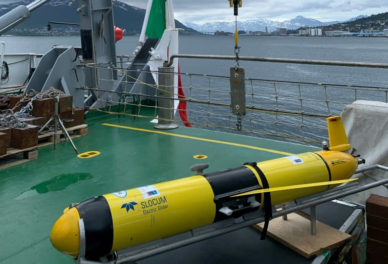 Un planeur sous-marin électrique Slocum à bord du navire de recherche de l'Otan, le NRV Alliance, amarré à Tromsoe, dans le nord de la Norvège (Nioucha ZAKAVATI)