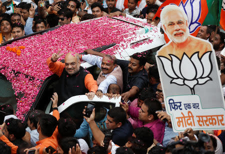 BJP President Amit Shah arrives at the party headquarters after learning the initial election results, in New Delhi, India, May 23, 2019. REUTERS/Adnan Abidi