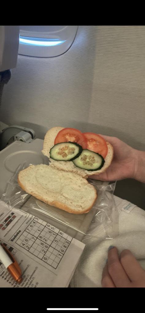 “On a 12 hour flight and this was my gf’s veggie sandwich around 8hrs in,” wrote the Redditor while describing the sky-high starvation rations. u/pestopopcorn / Reddit