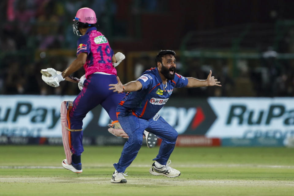 Amit Mishra of Lucknow Super Giants appeals unsuccessfully for the wicket of during the Indian Premier League cricket match between Lucknow Super Giants and Rajasthan Royals in Jaipur, India, Wednesday, April 19, 2023. (AP Photo Surjeet Yadav )