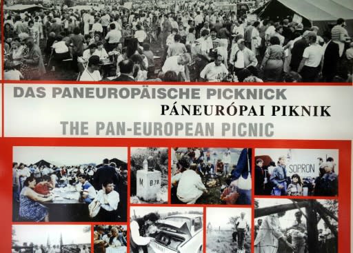 A collage of photos, displayed in 2009, of the 1989 Pan-European Picnic, when East Germans fled across the Austrian-Hungarian border