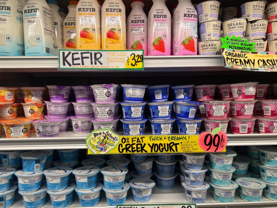 Colorful yogurt display on shelves at Trader Joe's