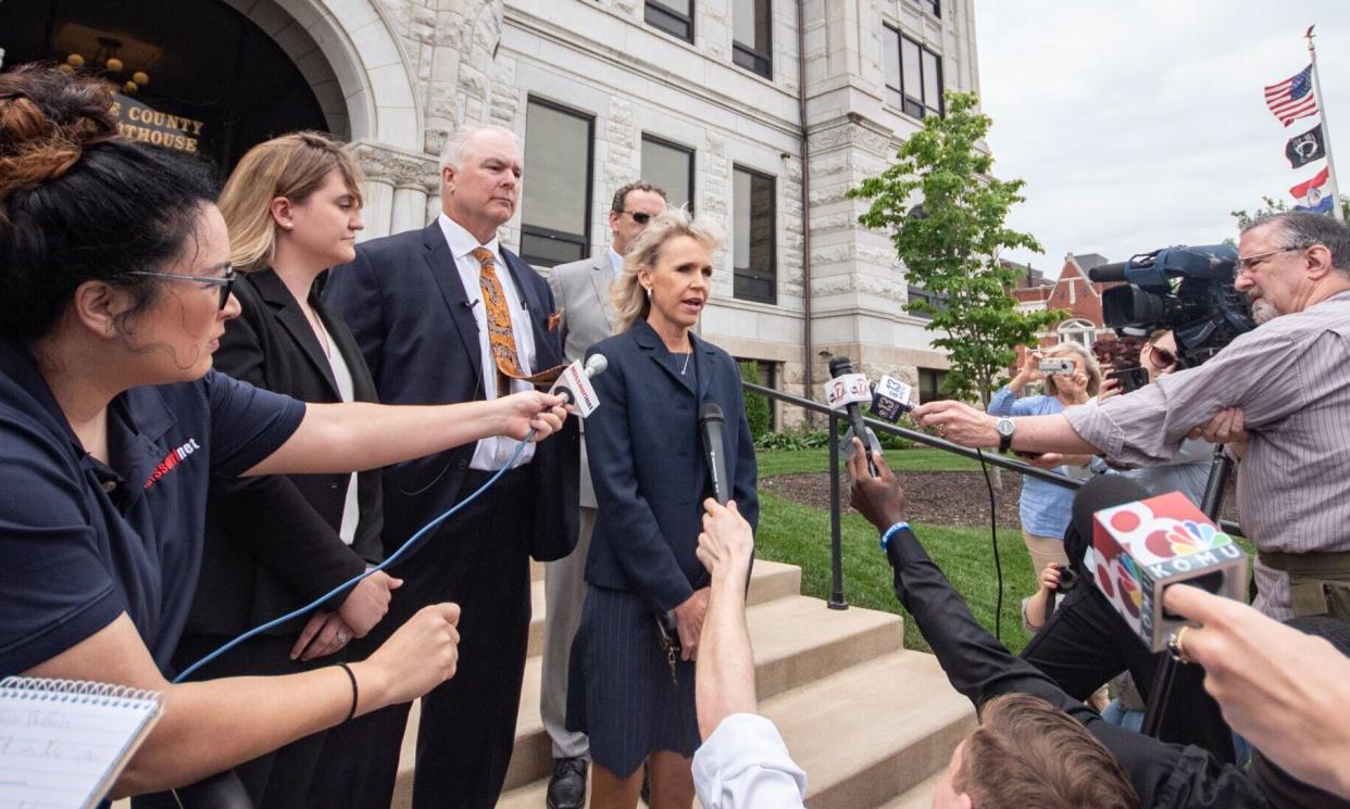 Chief Clerk of the Missouri House of Representatives Dana Rademan Miller speaks outside of the Cole County Courthouse about a lawsuit filed Friday morning against speakers of the House.