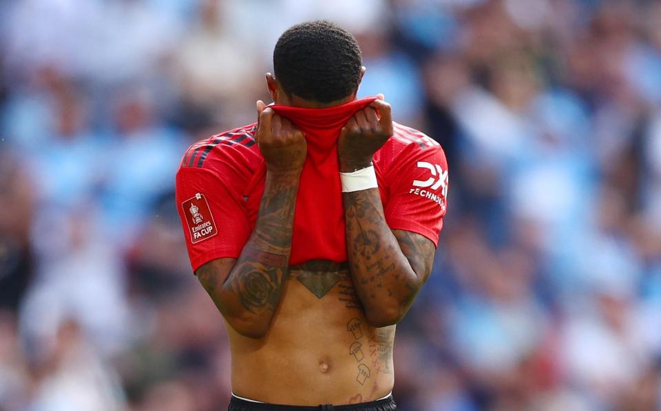 Marcus Rashford of Manchester United reacts during the Emirates FA Cup Final between Manchester City and Manchester United - Getty Images/Clive Rose