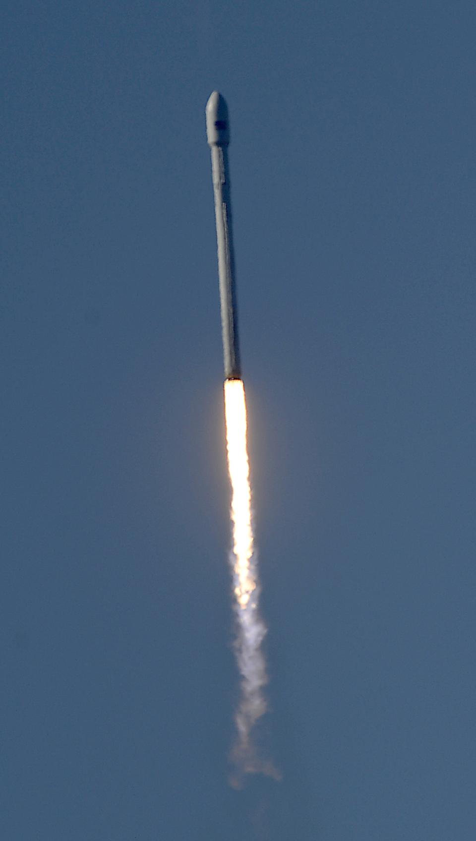 A Falcon 9 rocket carrying a small science satellite for Canada is seen as it is launched from a newly refurbished launch pad in Vandenberg Air Force Station