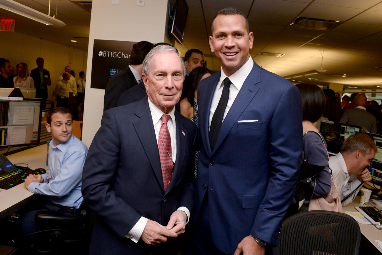 Portrait of New York City Mayor Michael Bloomberg and Alex Rodriguez as they attend BTIG's 14th annual Commissions for Charity Day at 825 Third Avenue, New York, New York, May 10, 2016. (Photo by Clint Spaulding/Patrick McMullan via Getty Images)