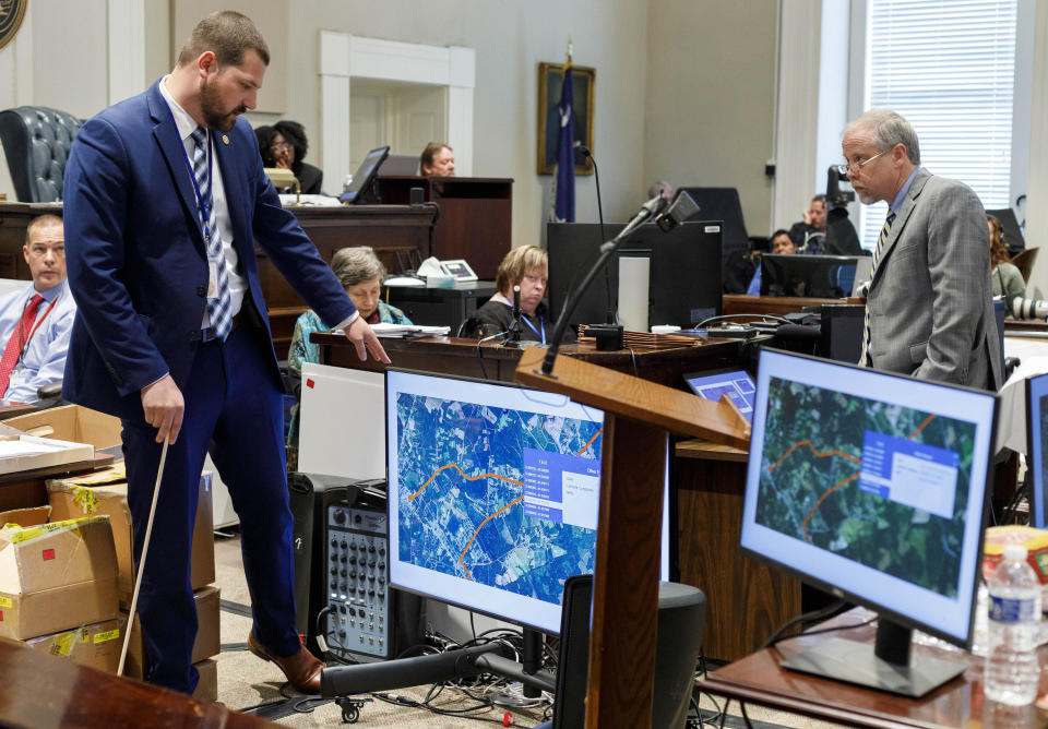 South Carolina Law Enforcement Division special agent Peter Rudofski, left, testifies about GPS data points on Friday.