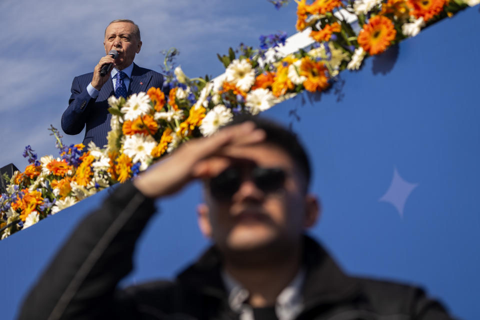 Turkish President and leader of the Justice and Development Party, or AKP, Recep Tayyip Erdogan gives a speech during a campaign rally ahead of nationwide municipality elections, in Istanbul, Turkey, Sunday, March 24, 2024. On Sunday, millions of voters in Turkey head to the polls to elect mayors and administrators in local elections which will gauge President Recep Tayyip Erdogan’s popularity as his ruling party tries to win back key cities it lost five years ago. (AP Photo/Francisco Seco)